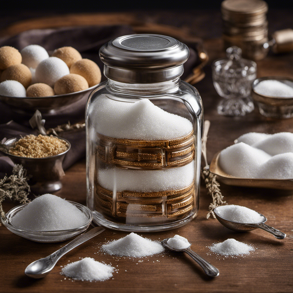 An image depicting a clear glass jar filled with 16 grams of sugar, alongside a collection of teaspoons, each beautifully displaying the exact amount of sugar equivalent to 16 grams