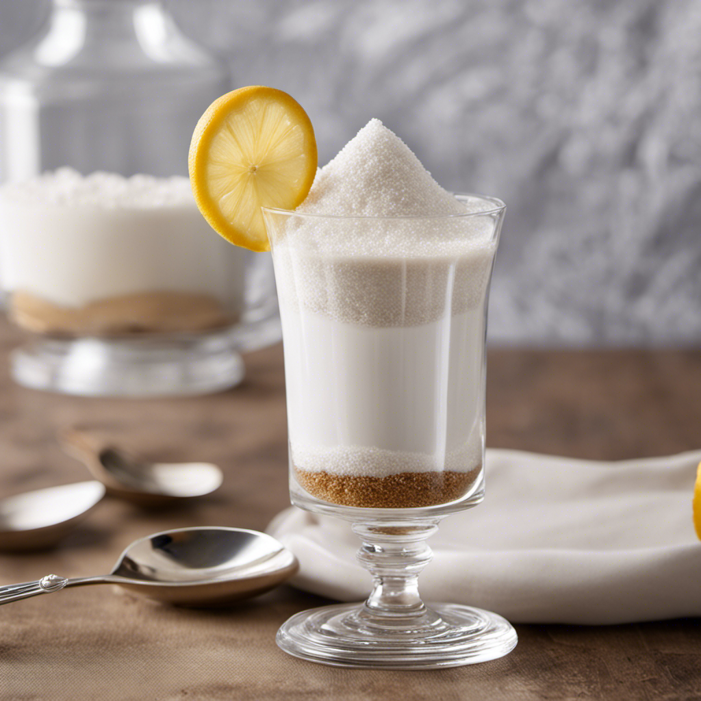 An image showcasing a clear glass filled with 16 grams of sugar, beautifully layered to resemble fine white sand, beside a teaspoon gracefully immersed in the sugar, revealing the exact measurement