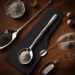 An image showcasing a small measuring spoon filled with 16 mg of a powdered substance, accompanied by a teaspoon filled with a proportional amount of the substance
