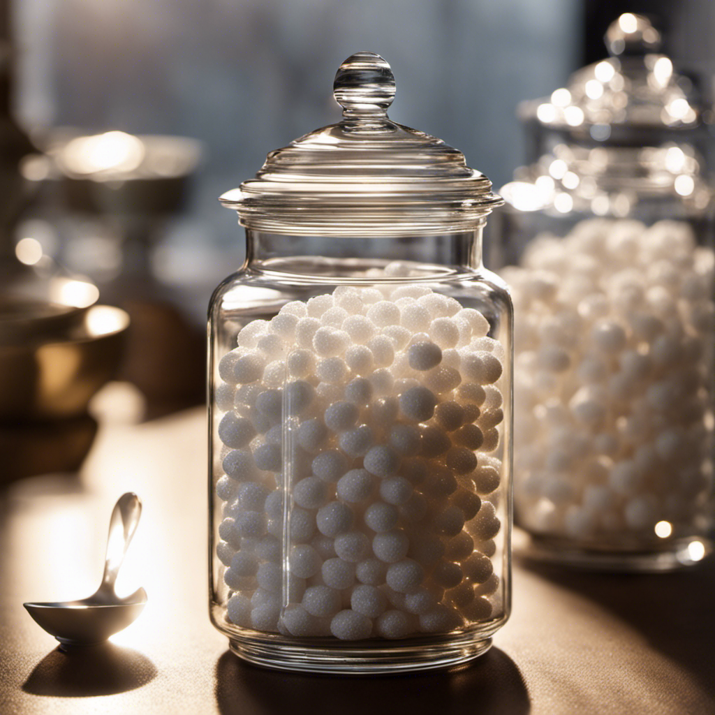 An image showcasing a glass jar filled with 17 neatly stacked teaspoons, overflowing with white granulated sugar