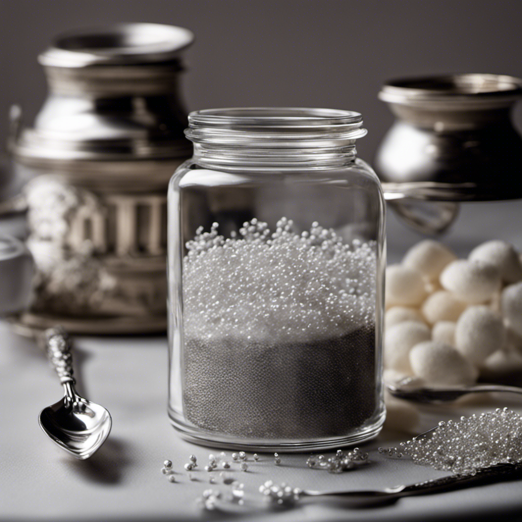 An image depicting a clear glass jar filled with 17 grams of sugar, precisely measured and poured into a collection of tiny, delicate, and ornate silver teaspoons, showcasing the true quantity of sugar in teaspoons