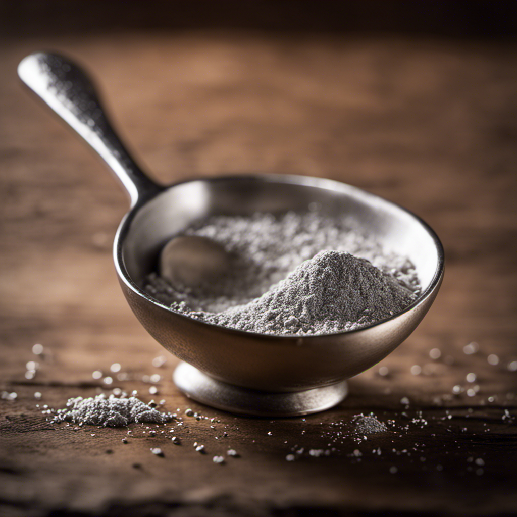 An image showcasing a delicate silver teaspoon holding precisely measured 18g of a fine, powdery substance, against a backdrop of a rustic wooden table and a soft, natural light illuminating the scene