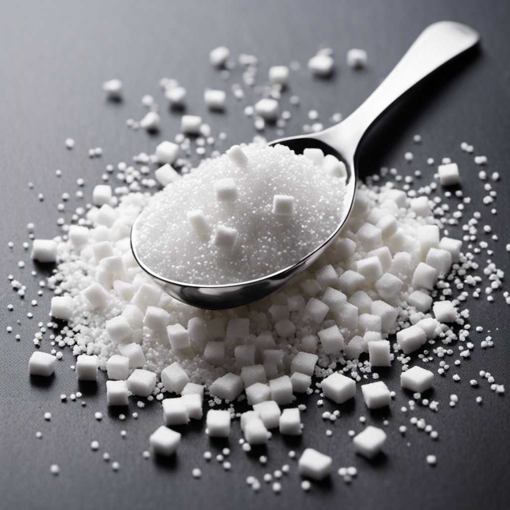 An image depicting a white teaspoon filled with 19 grams of sugar, surrounded by small granules and a pile of sugar cubes