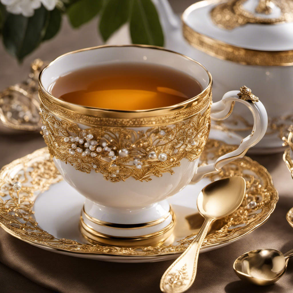 An image featuring an elegant teacup filled with 19 delicate teaspoons, glimmering in golden light, inviting readers to ponder the precise measurement and embrace the beauty of tea rituals