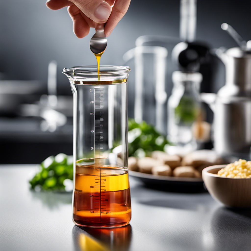 An image that showcases a transparent measuring spoon placed next to a graduated cylinder, with precisely 1ml of liquid poured from the cylinder into the spoon, highlighting the conversion between teaspoons and ml
