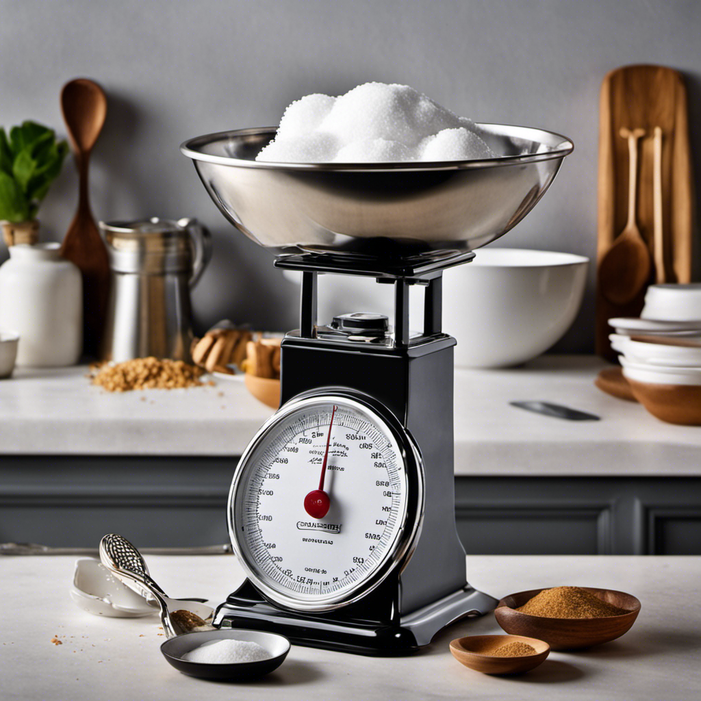 An image showcasing a classic kitchen scale with a heap of sugar, weighing exactly 100g, alongside a collection of delicate teaspoons, each holding a precise measurement of 1g, to visually explore the conversion of 100g to teaspoons