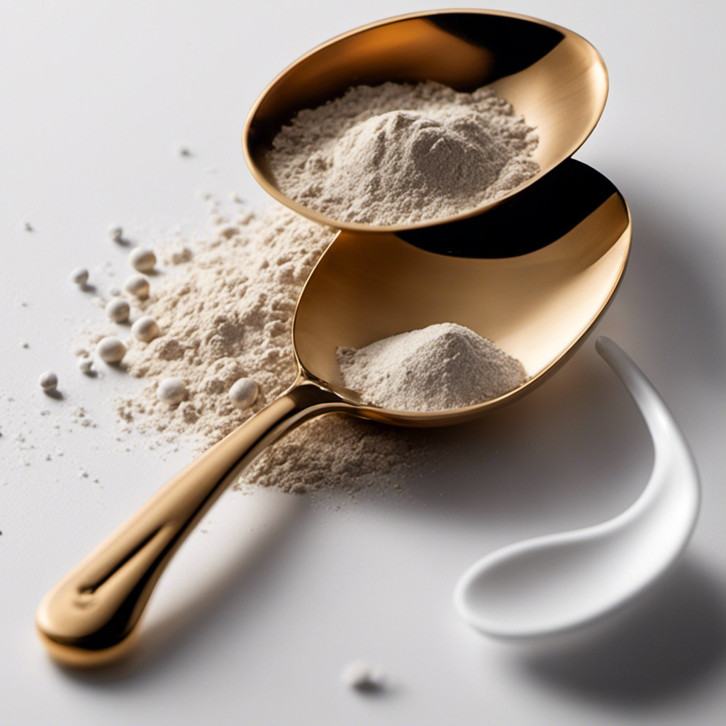 An image showcasing a measuring spoon filled with 2 1/4 teaspoons of a fine powdery substance, perfectly leveled at the top, against a clean white background
