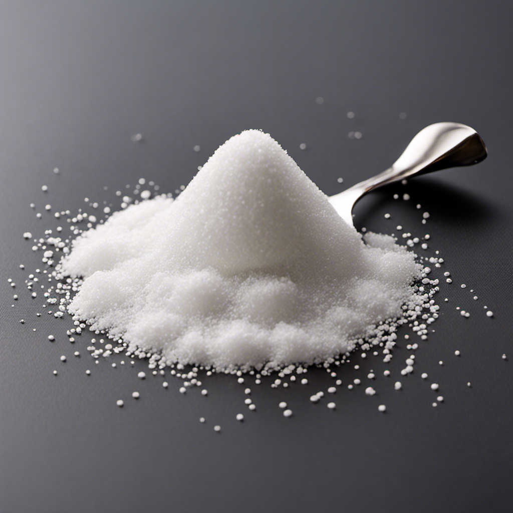 An image depicting 2 3/4 teaspoons by showcasing a measuring spoon filled with granulated sugar, with three small piles formed beside it, each containing 3/4 of a teaspoon