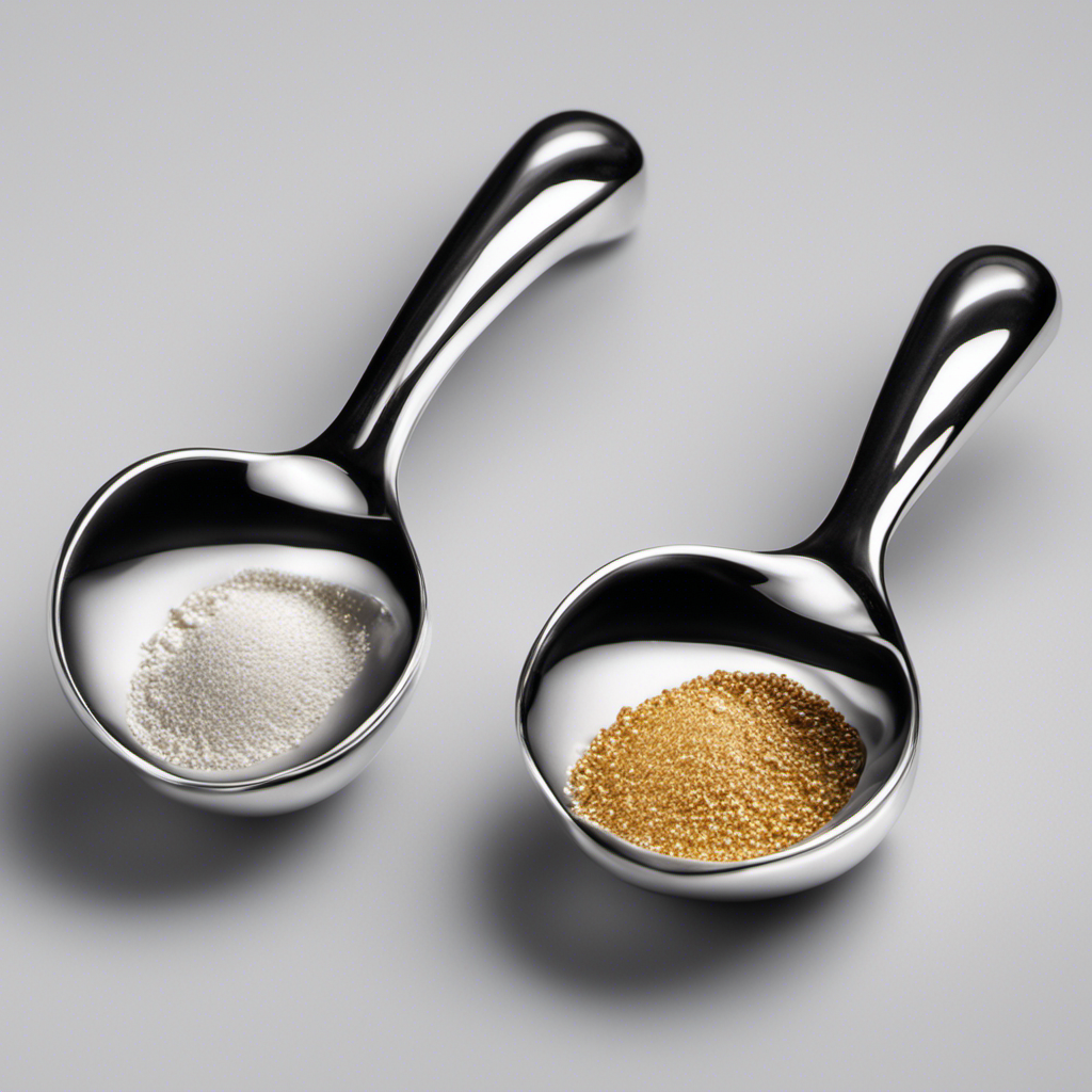 An image depicting two 5ml measuring spoons, each filled with a precise amount of liquid, being poured into a teaspoon, showcasing the conversion from milliliters to teaspoons