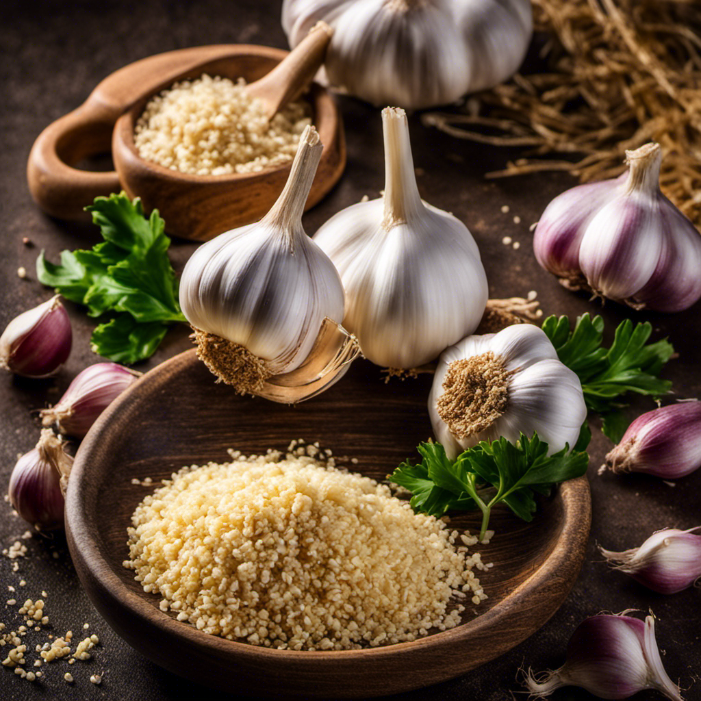 An image showcasing two cloves of garlic, finely minced, placed next to a teaspoon filled with freshly ground garlic