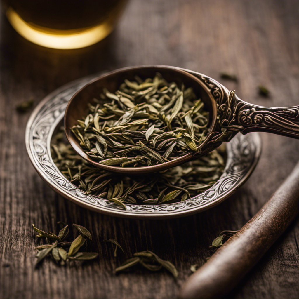An image depicting a vintage teaspoon gently holding precisely measured, fine-grained white tea