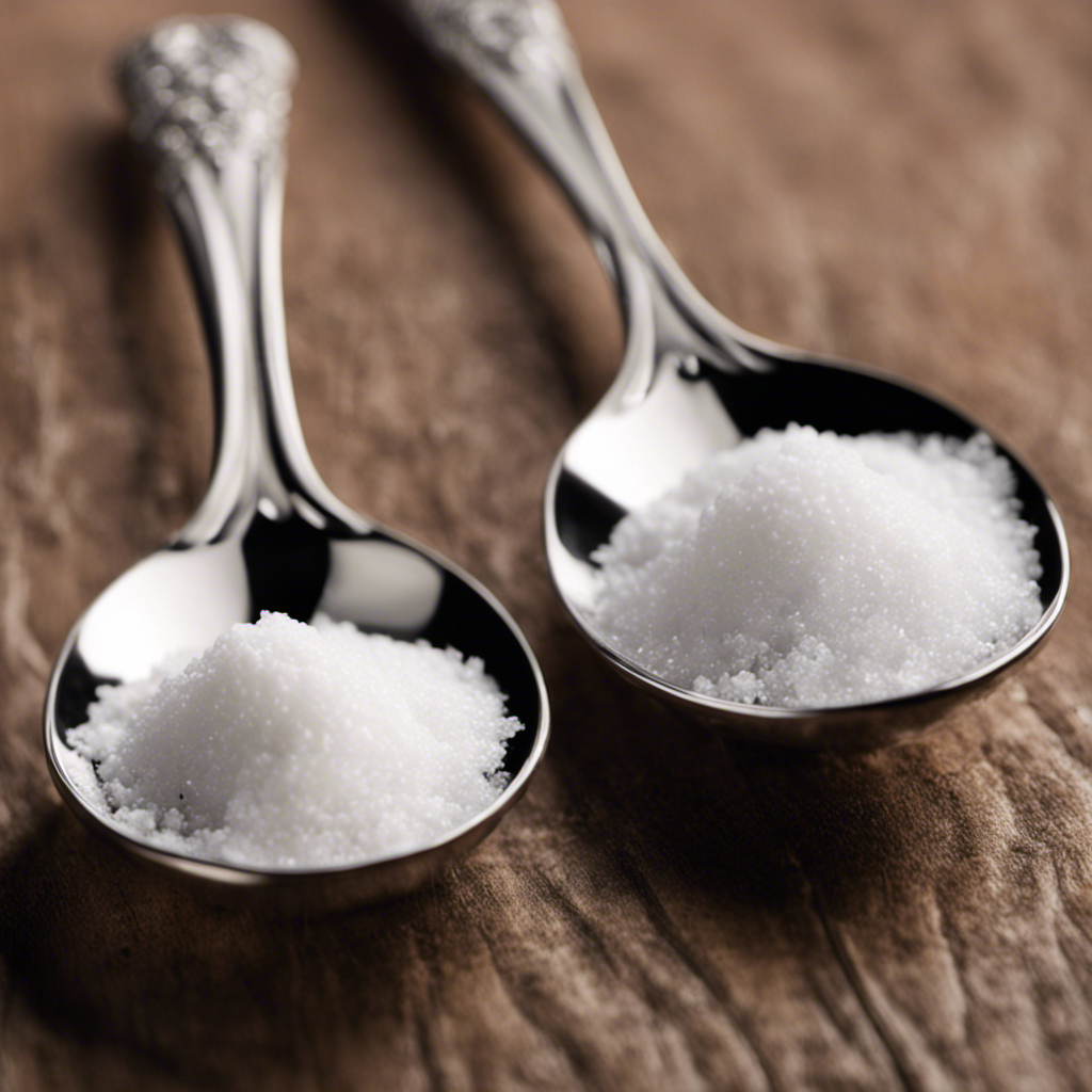 An image showcasing two identical, small spoons filled with salt up to their brims, one labeled "2g" and the other labeled with the equivalent amount in teaspoons, highlighting the disparity in volume