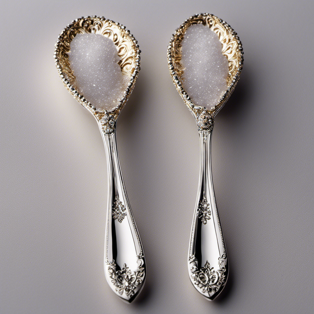 An image depicting two elegant porcelain teaspoons delicately holding a mound of sugar crystals, precisely measuring 2 grams