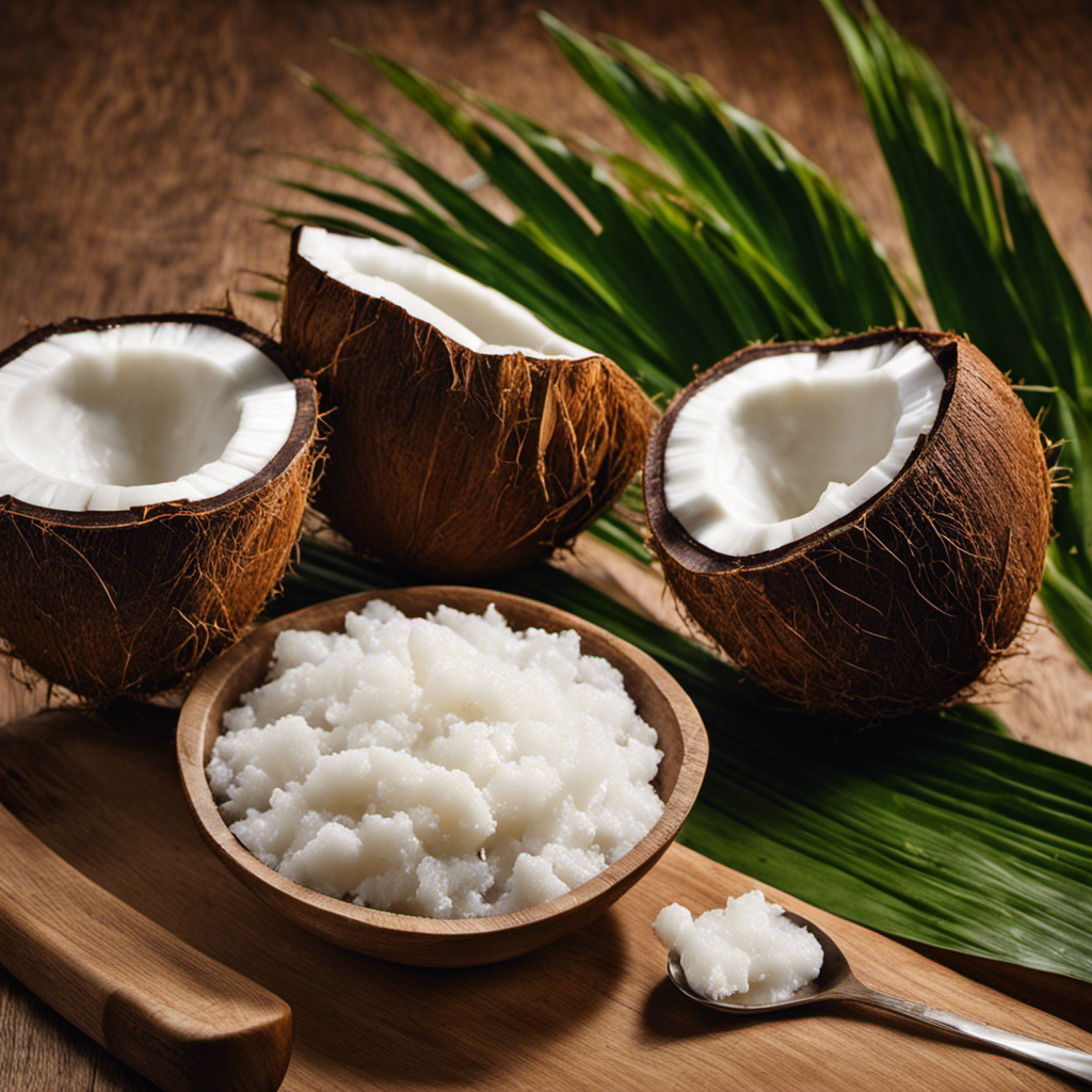 An image capturing two low heaping teaspoons of solid white coconut oil, glistening and slightly melted, showcasing its rich texture and saturated fat content