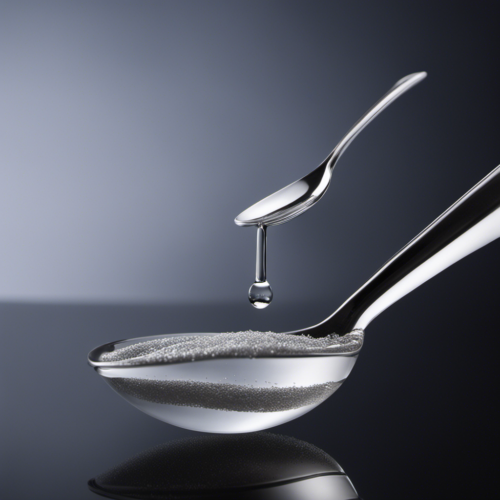 An image that vividly illustrates the measurement of 2 millimeters in teaspoons by juxtaposing a delicate, transparent droplet, barely visible, with two miniature teaspoons, emphasizing the minuscule quantity