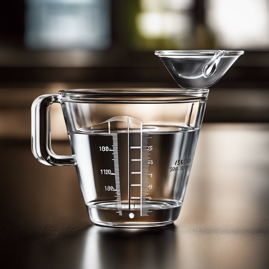 An image showcasing a transparent measuring cup filled with precisely 2 ounces of water, beautifully reflecting light, while a teaspoon delicately balances atop the liquid, demonstrating the exact measurement