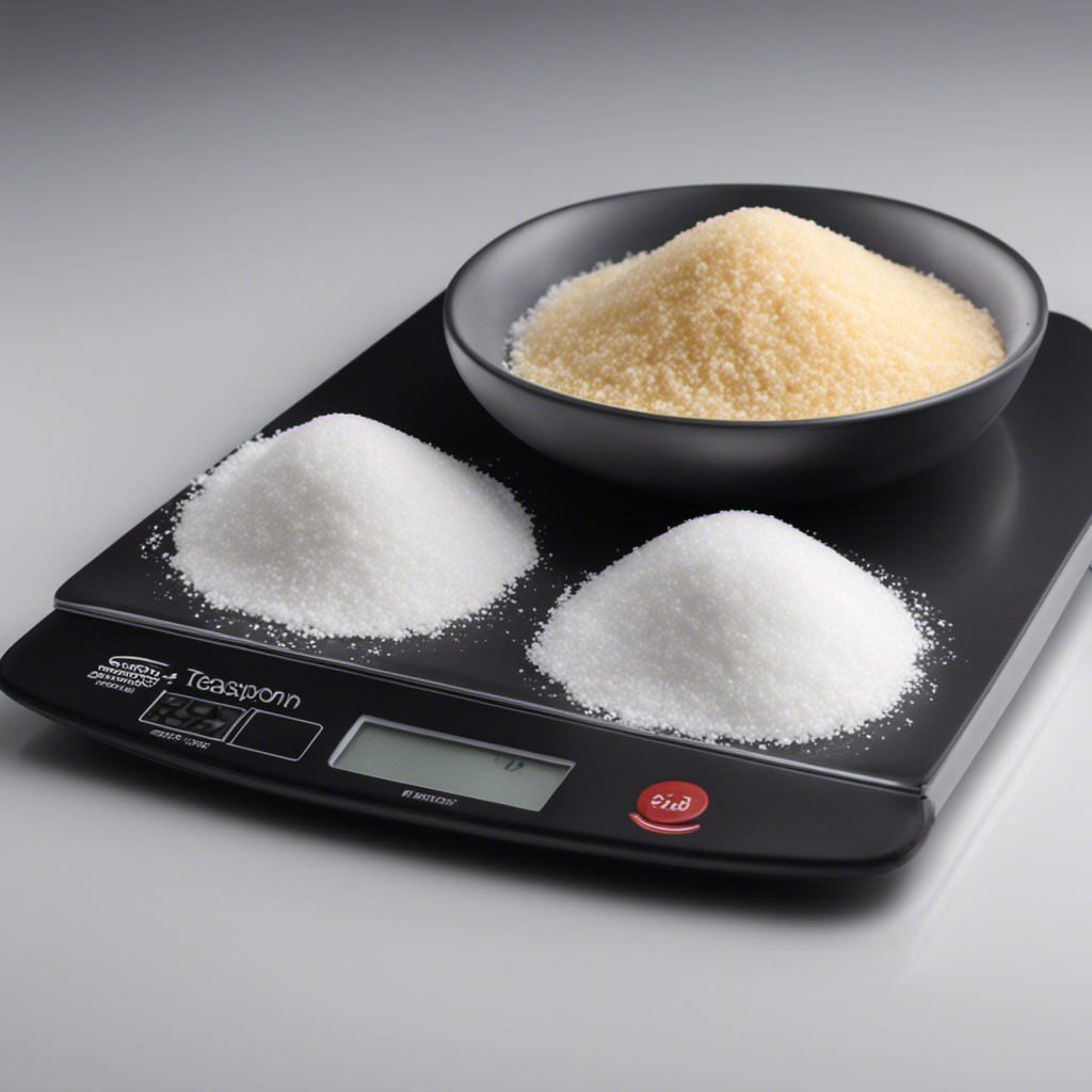 An image showcasing two identical teaspoons filled with granulated sugar, placed on a digital scale displaying the weight in grams
