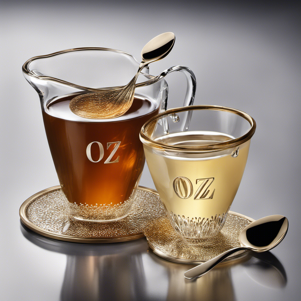 An image showcasing two delicate teaspoons filled to the brim with a shimmering liquid, gradually pouring into a small transparent measuring cup labeled "Oz