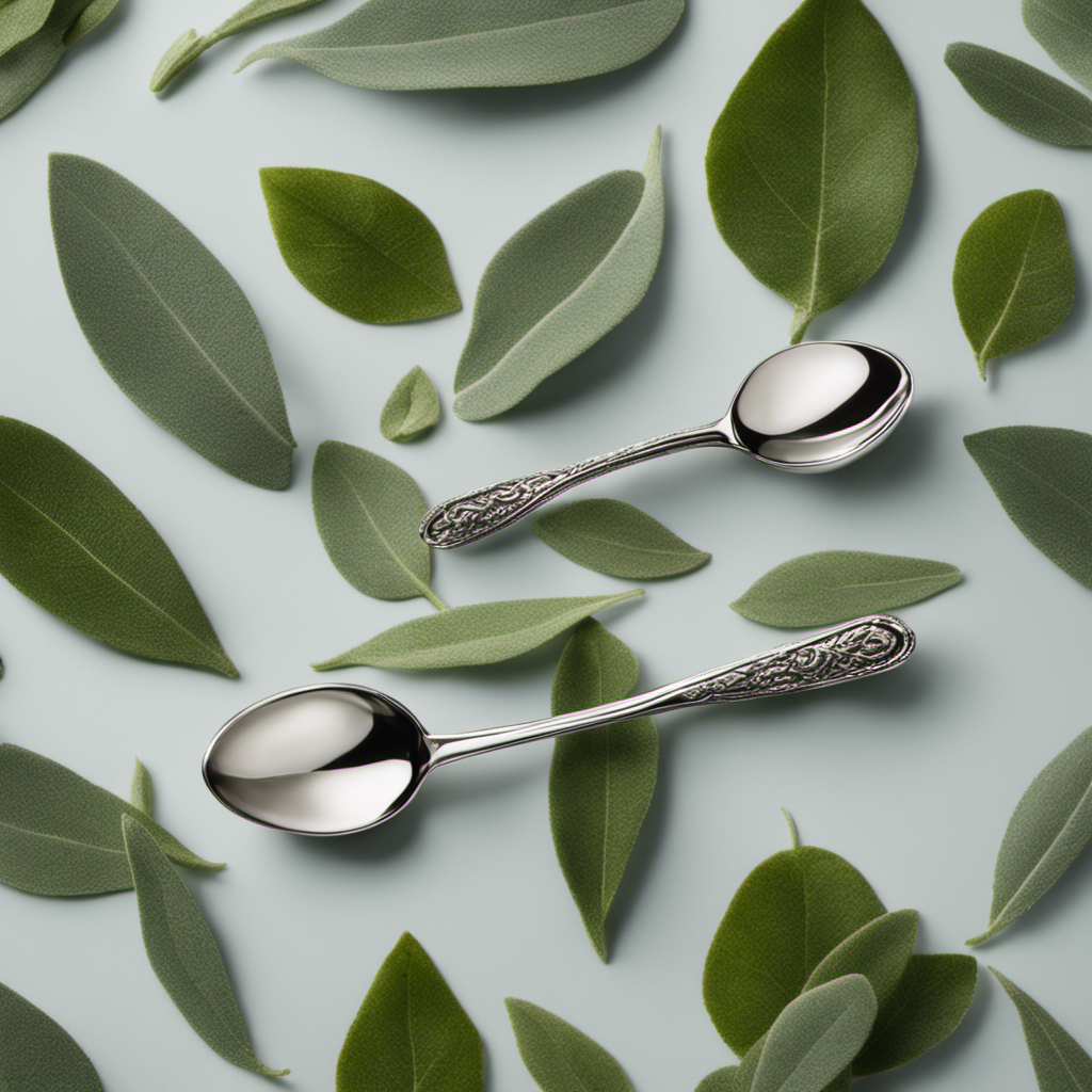 An image of a small, intricate measuring spoon delicately holding two vibrant, fragrant leaves of fresh sage