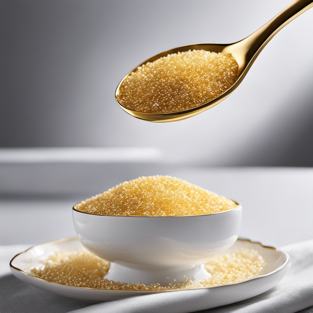 An image that showcases 2 teaspoons of sugar, beautifully displayed on a delicate porcelain spoon, with tiny granules glistening in golden sunlight, illustrating the exact measurement in grams