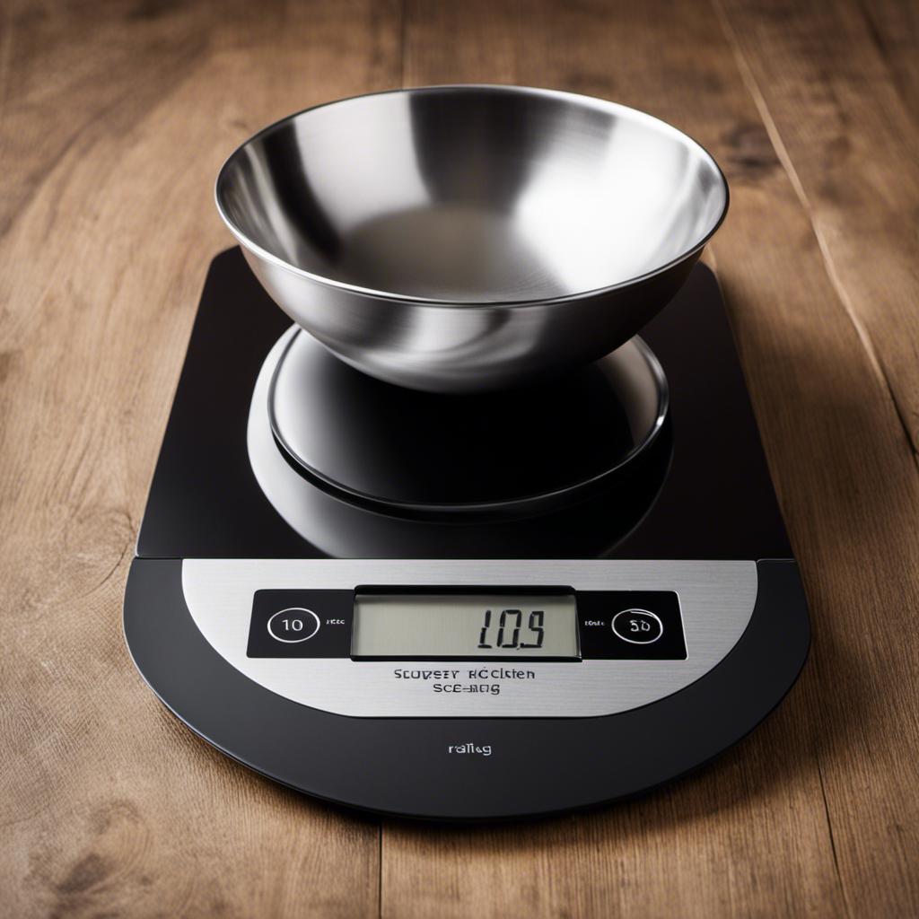An image showcasing a sleek, modern kitchen scale with a heap of sugar, precisely measuring 20 grams
