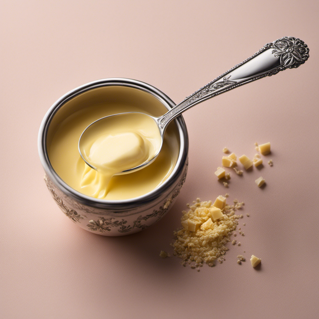 An image showcasing a delicate, vintage-inspired teaspoon filled with precisely measured, creamy butter