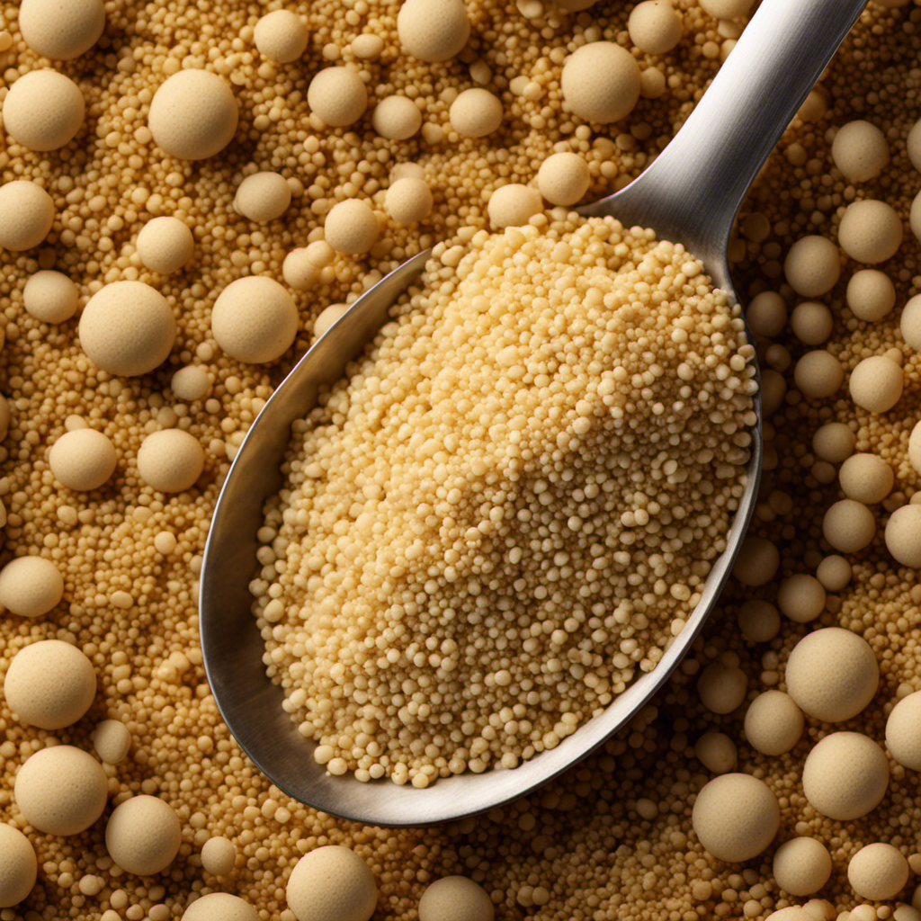 An image showcasing a measuring spoon filled with precisely 20 grams of yeast, surrounded by a pile of loose yeast particles