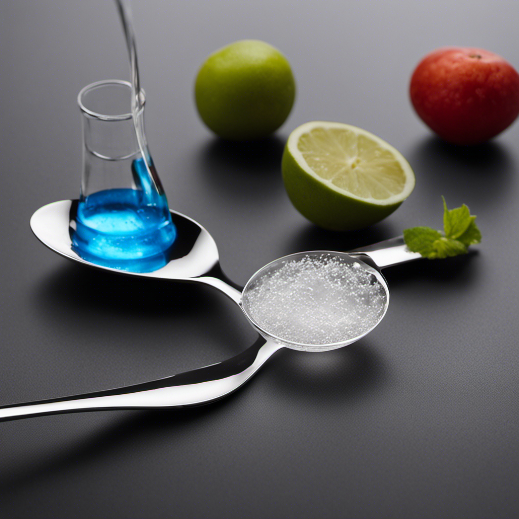 An image showcasing a clear measuring spoon containing exactly 20 ml of liquid, positioned next to a standard teaspoon