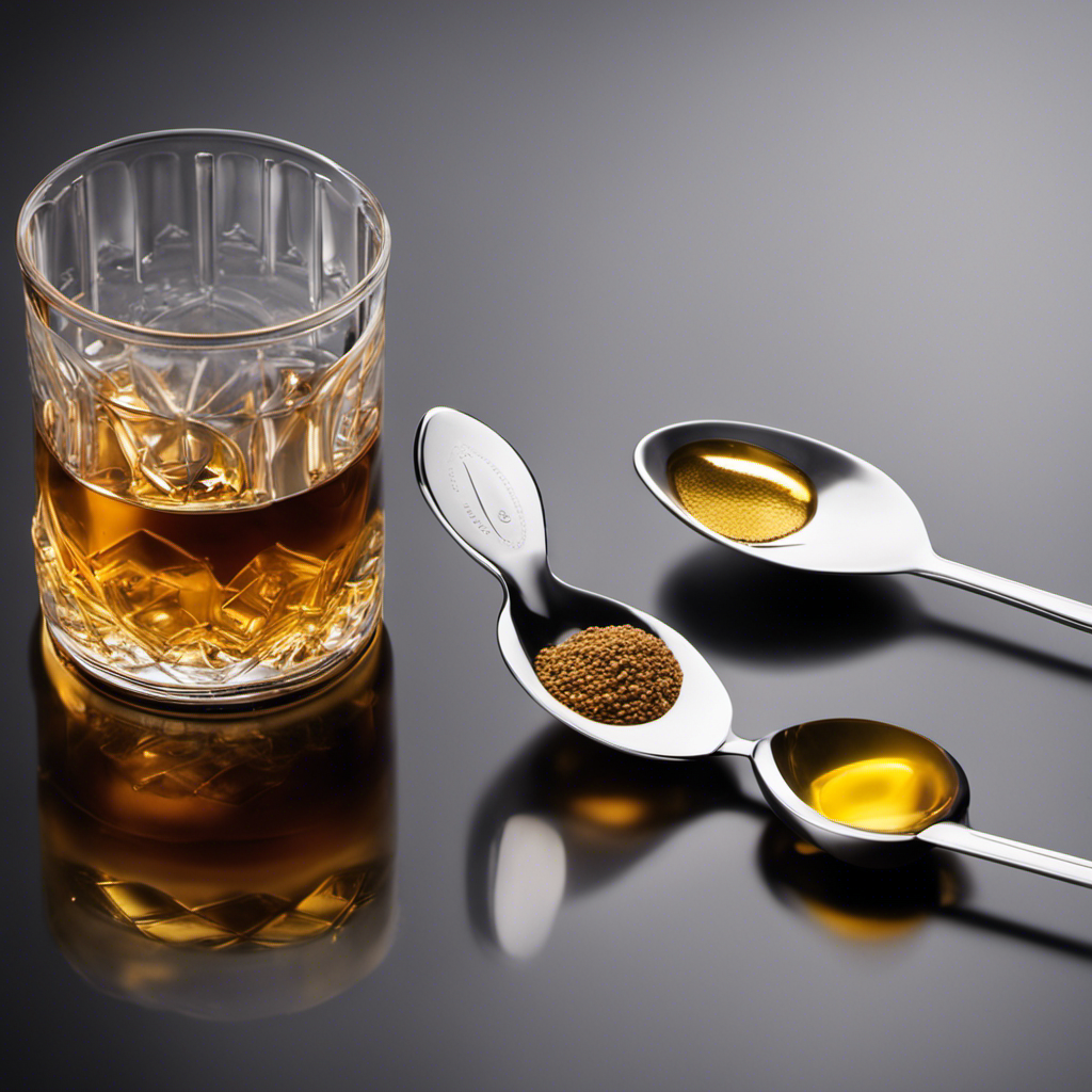 An image showcasing a transparent measuring spoon filled with precisely 20 ml of liquid, positioned next to a set of traditional teaspoons, highlighting the conversion between milliliters and teaspoons