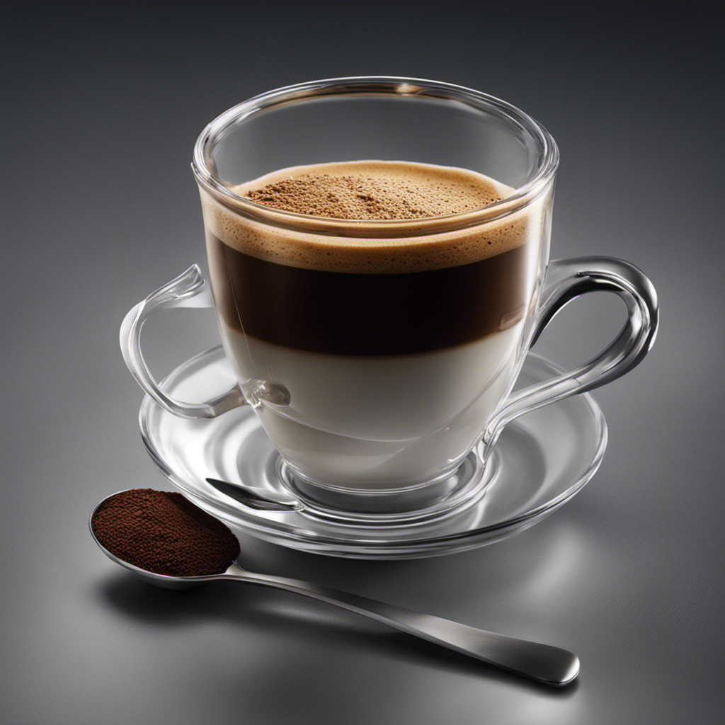 An image showcasing a small coffee cup filled with precisely measured 200 mg of coffee, while a teaspoon hovers above, ready to scoop it up, illustrating the conversion between milligrams and teaspoons