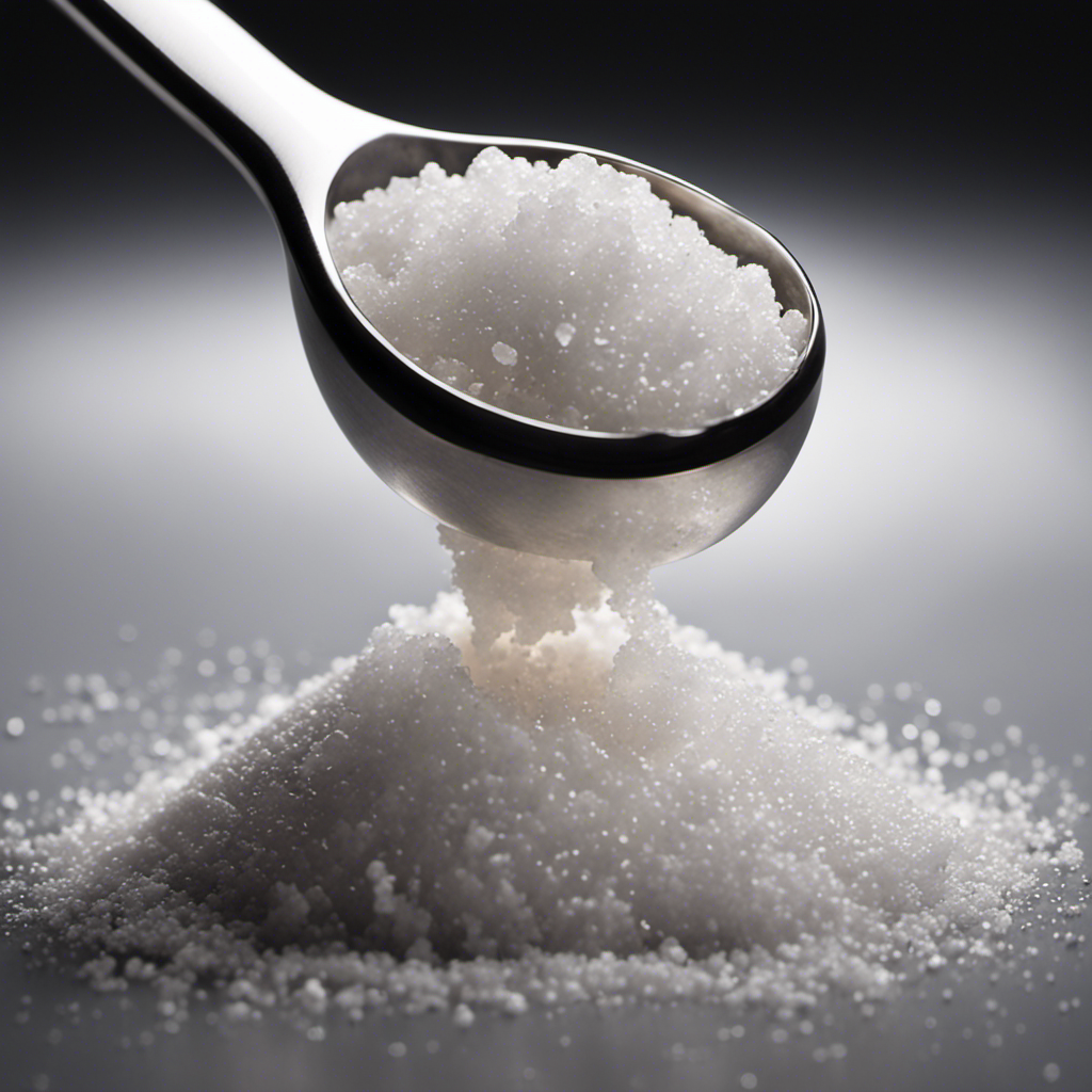 An image showcasing a measuring spoon filled with 2000 mg of salt, being poured into a teaspoon