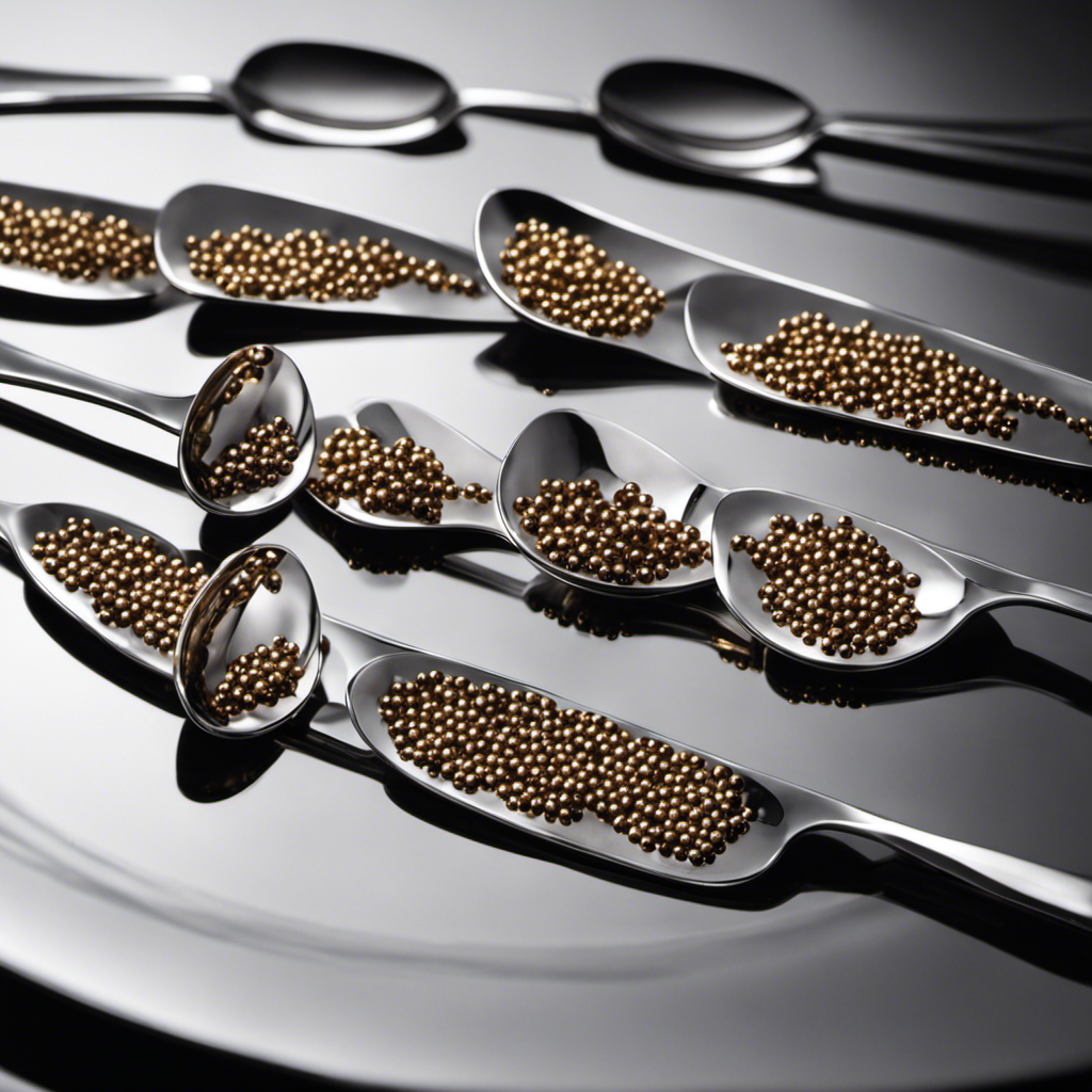 An image showcasing a delicate silver teaspoon, gracefully balancing 20 tiny, shimmering metallic balls, each measuring precisely 1mm in diameter, forming a perfect line that stretches 20mm in length