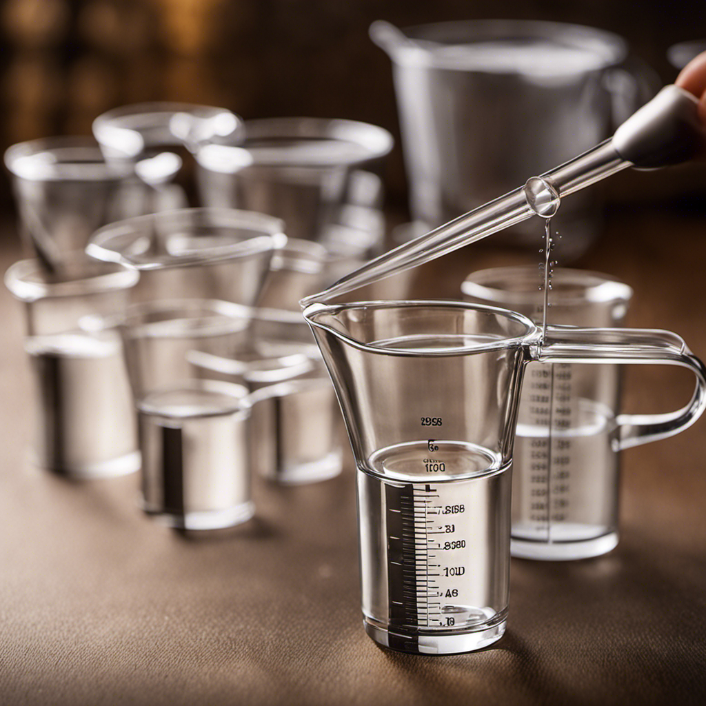 An image showcasing a petite, transparent measuring cup filled precisely with 21 milliliters of liquid, pouring into a delicate, intricately designed teaspoons set, highlighting the conversion from milliliters to teaspoons