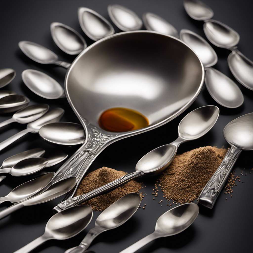 An image showcasing a measuring spoon filled with 210 mg of a substance, surrounded by a small pile of loose teaspoons, emphasizing the conversion from milligrams to teaspoons