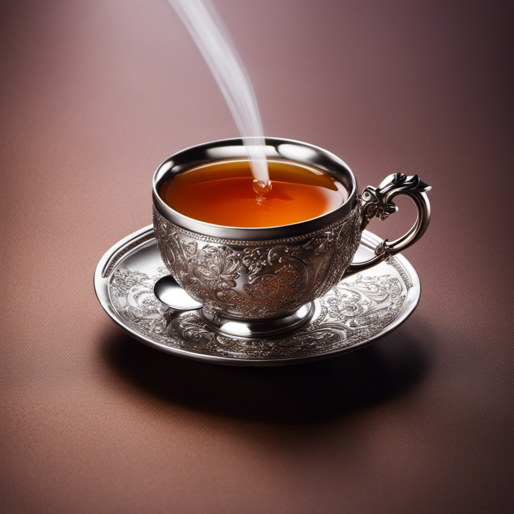 An image showcasing a delicate silver teaspoon gently pouring 23 grams of sugar into a vibrant, steaming cup of tea, capturing the precise measurement in a captivating and visually appealing way