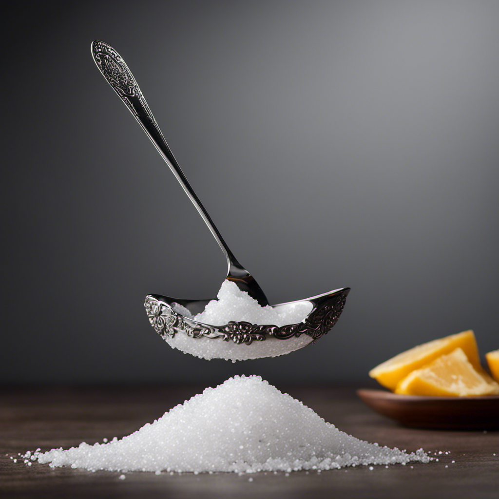 An image depicting a teaspoon filled with salt crystals, with a small measuring scale nearby