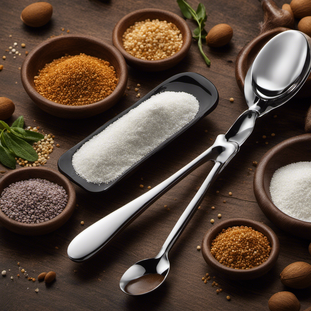 An image illustrating the conversion of 240 mg to teaspoons, showcasing a precise measuring spoon containing the exact amount of granulated substance, alongside a teaspoon filled with an equivalent quantity