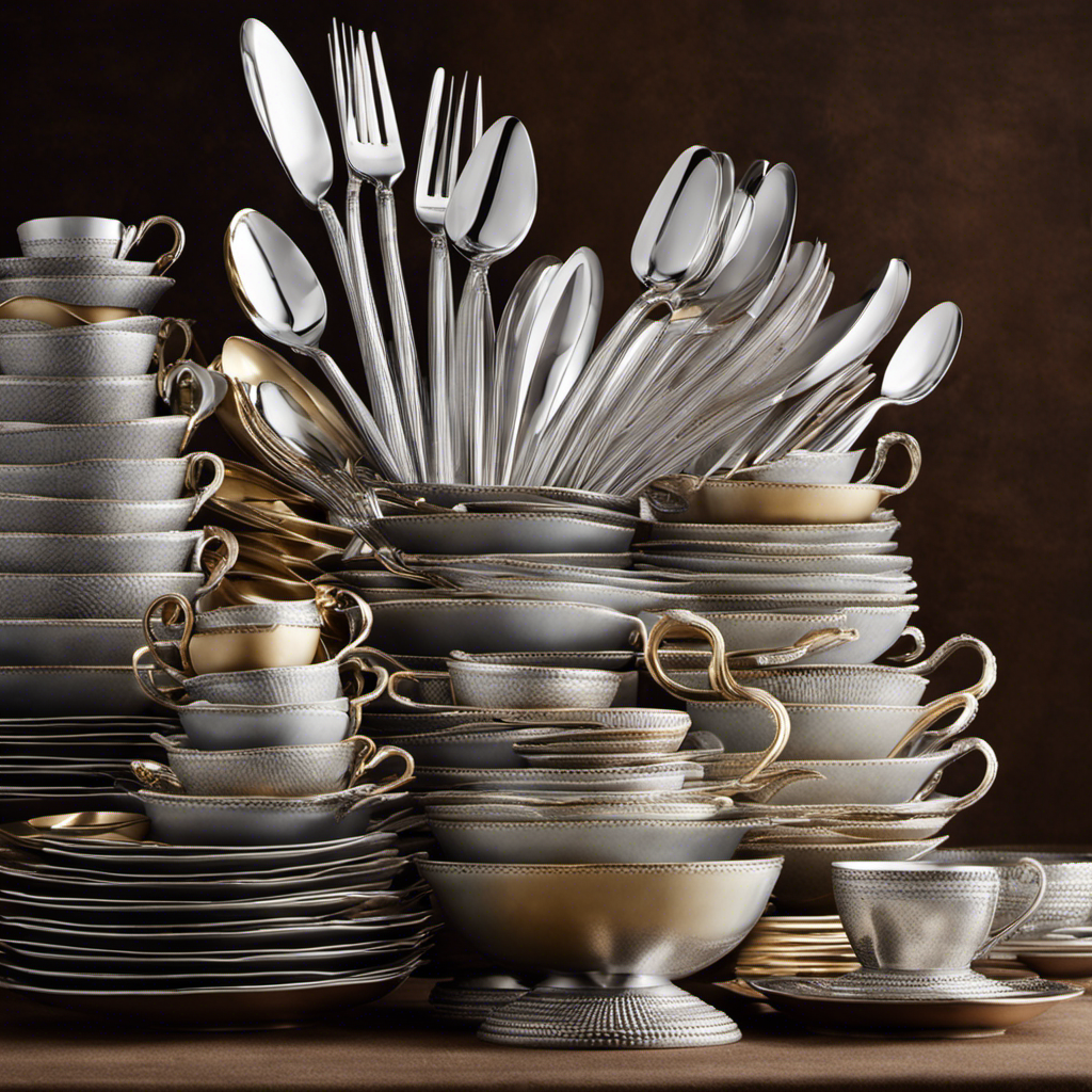 An image showcasing a towering stack of 2,432 delicate teaspoons, elegantly arranged in neat rows, their slender handles glinting in the soft light, inviting curiosity and contemplation