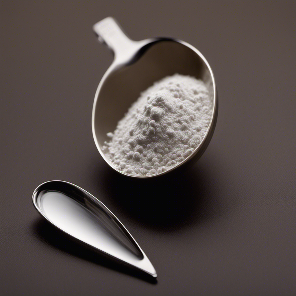 An image featuring a small measuring spoon filled with 25 milligrams of a powdered substance, perfectly leveled, next to a teaspoon