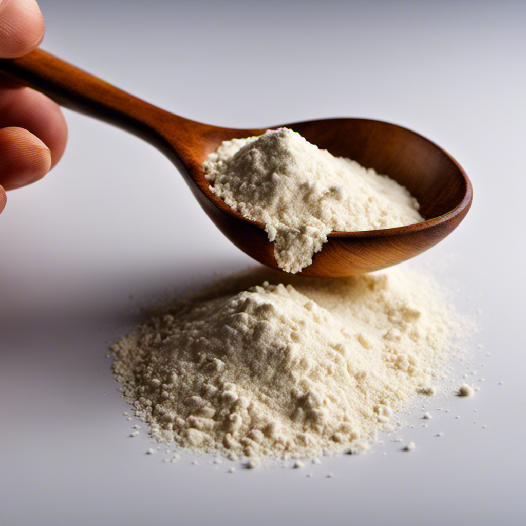 An image showcasing a measuring spoon filled with 250 grams of a fine white powder, pouring its contents into a teaspoon