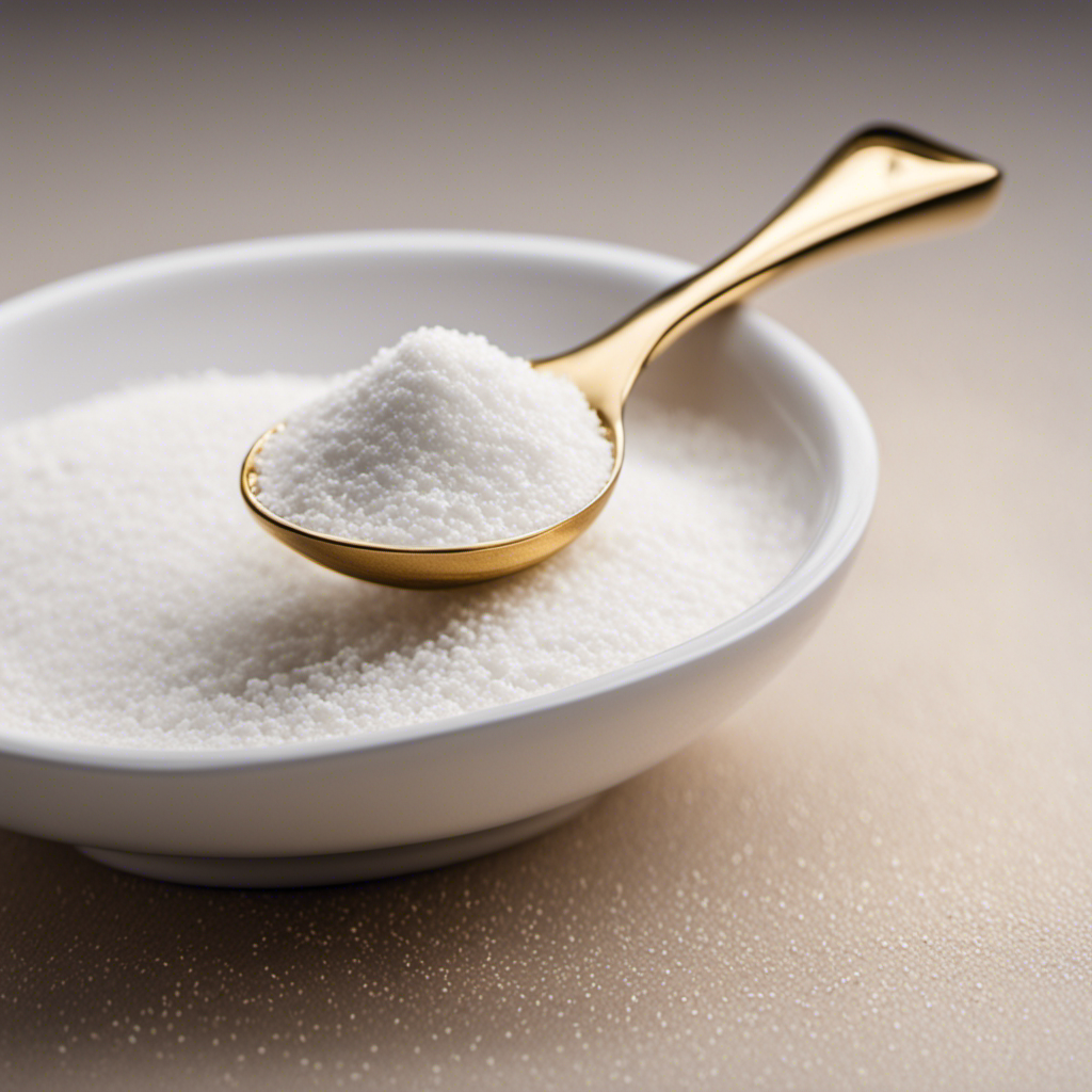 An image of a delicate porcelain teaspoon filled with 250 millie grams of a fine white powder, perfectly levelled and bordered by tiny granules, showcasing the precise measurement conversion from grams to teaspoons
