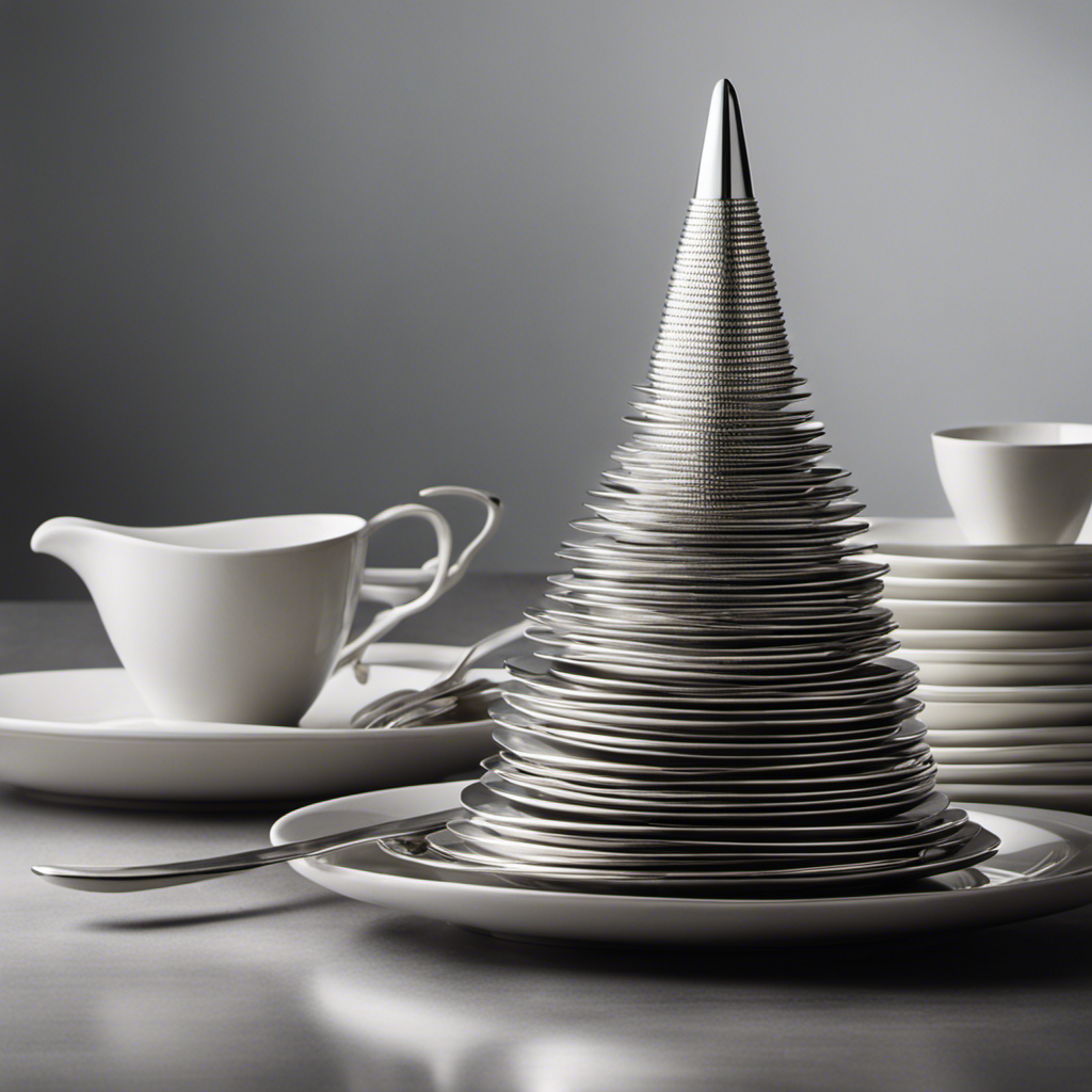 An image showcasing a towering stack of precisely measured 250 teaspoons, artfully arranged in a perfect pyramid shape