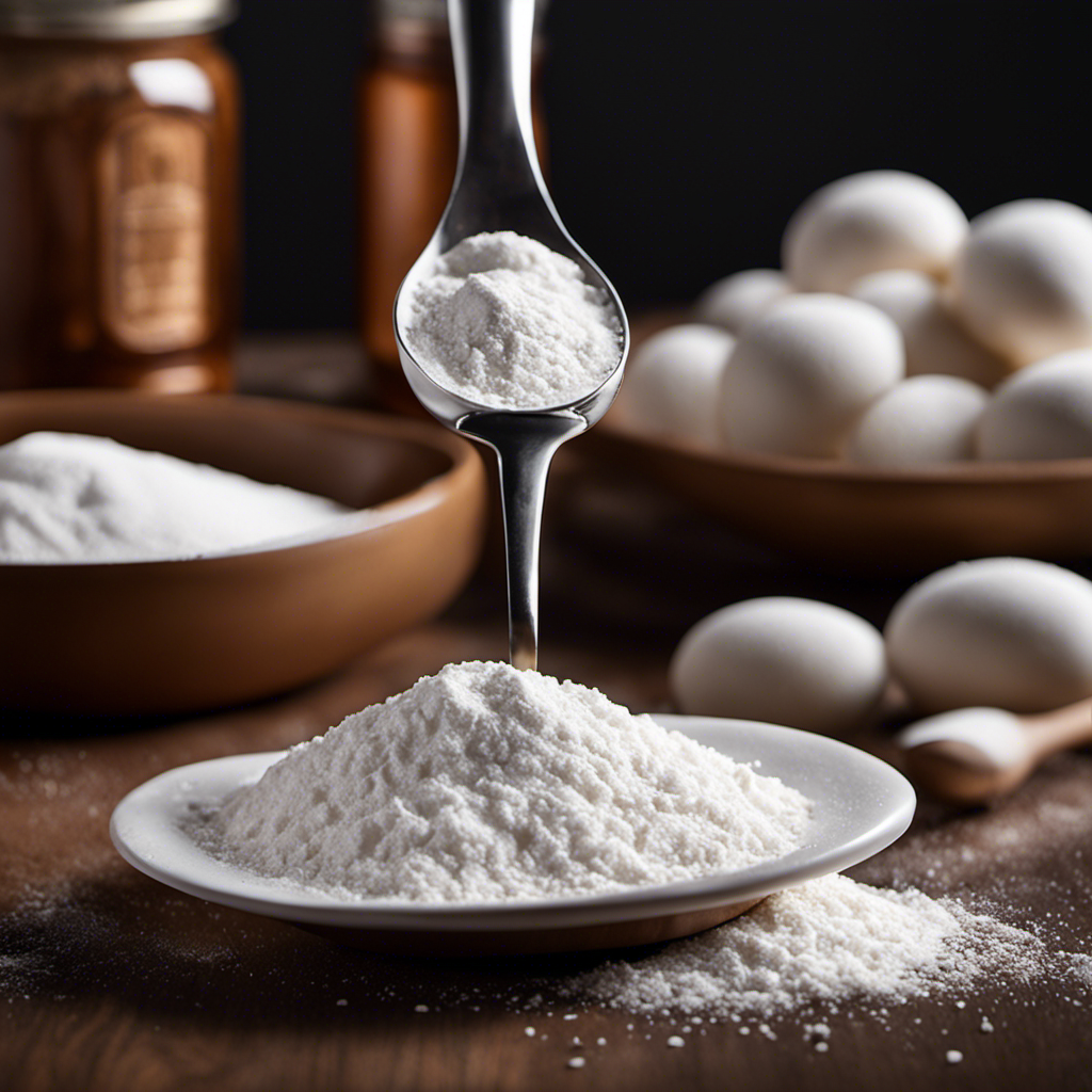 An image that captures the precise measurement of 3 1/8 teaspoons, showcasing a pristine white measuring spoon containing the exact amount, surrounded by a backdrop of finely powdered baking ingredients