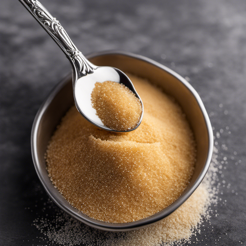 An image showcasing a measuring spoon filled up to the 3/4 mark with fine granulated sugar, perfectly leveled, highlighting the precise quantity