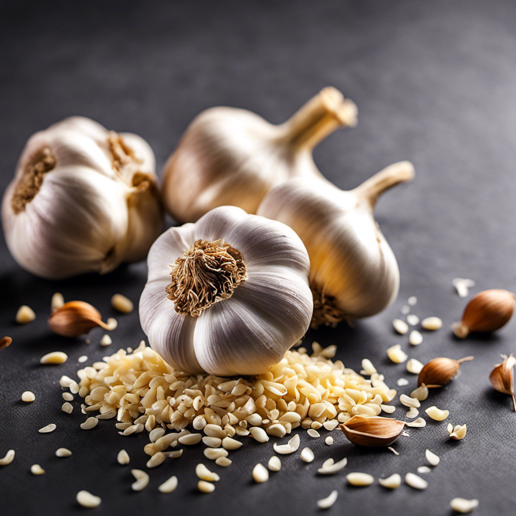 An image showcasing three small, plump cloves of garlic, each adjacent to a teaspoon filled with finely minced garlic