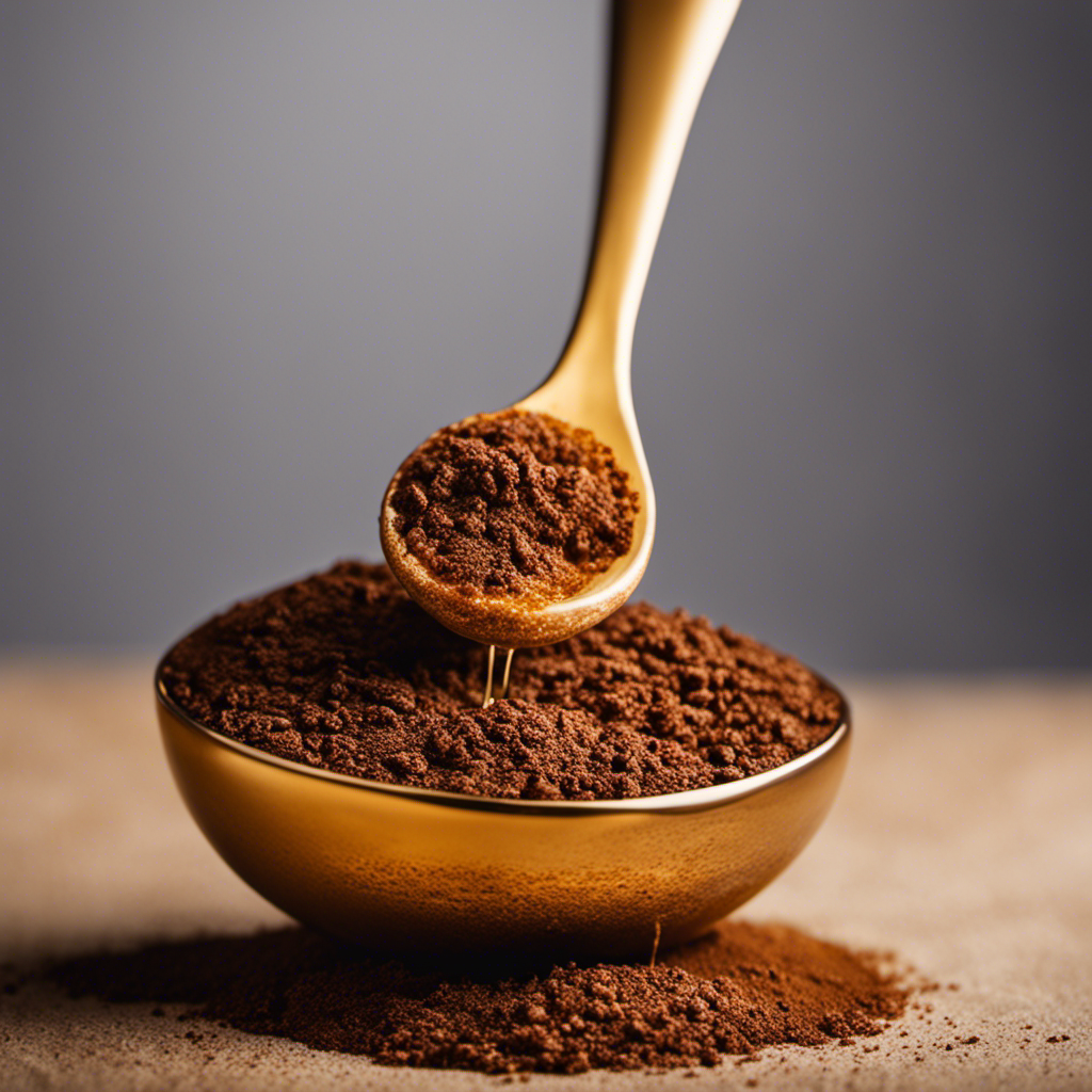 An image showcasing a measuring spoon filled with 3 tablespoons of a viscous, golden honey, accompanied by a smaller spoon containing precisely 2 and 1/4 teaspoons of aromatic, finely ground coffee