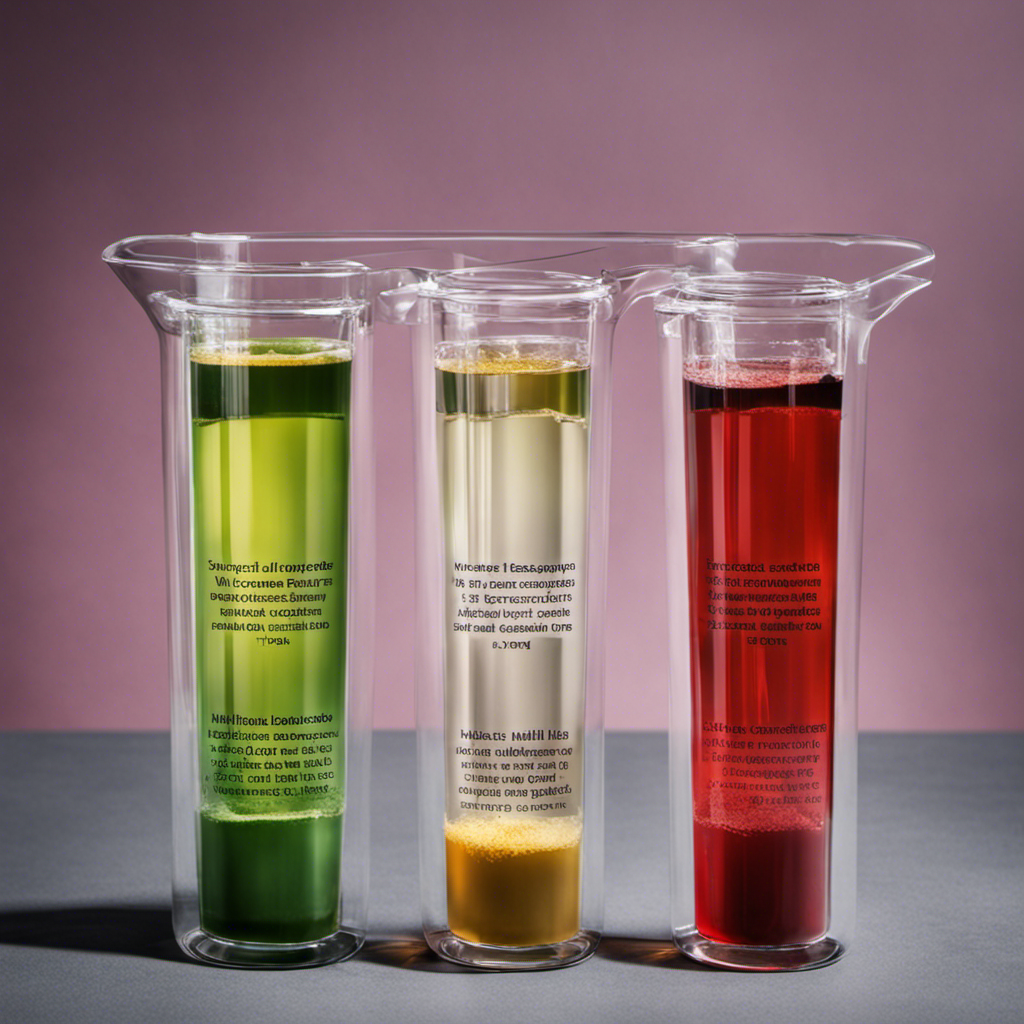 An image showcasing three identical teaspoons filled with liquid, pouring into a transparent container marked with milliliter measurements