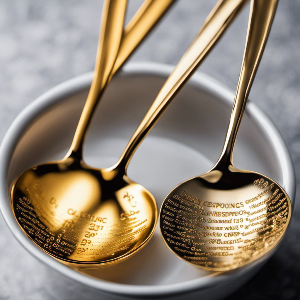 An image showcasing three delicate teaspoons filled with shimmering liquid, pouring their contents into a measuring cup