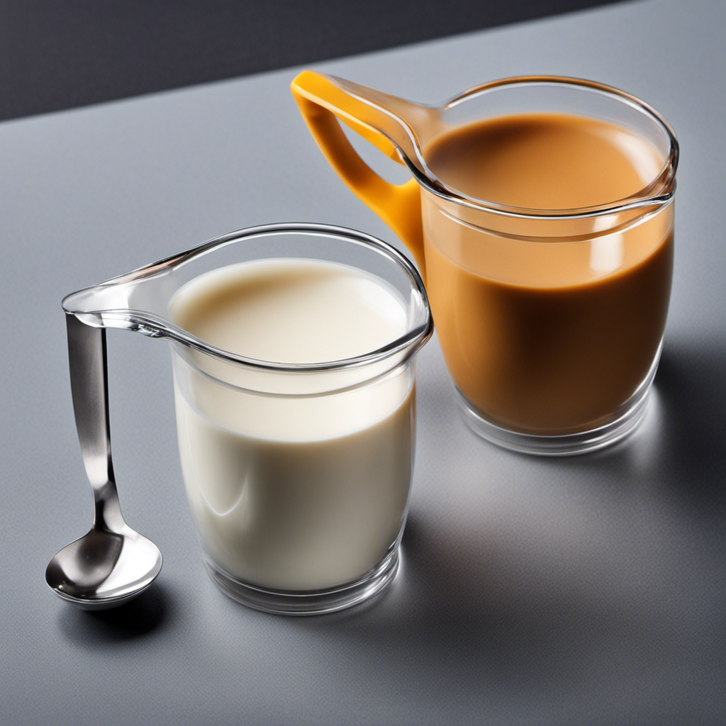 An image showcasing two transparent measuring cups side by side: one filled with precisely measured 30 grams of milk, while the other displays the equivalent quantity in teaspoons, providing a visual representation of the conversion