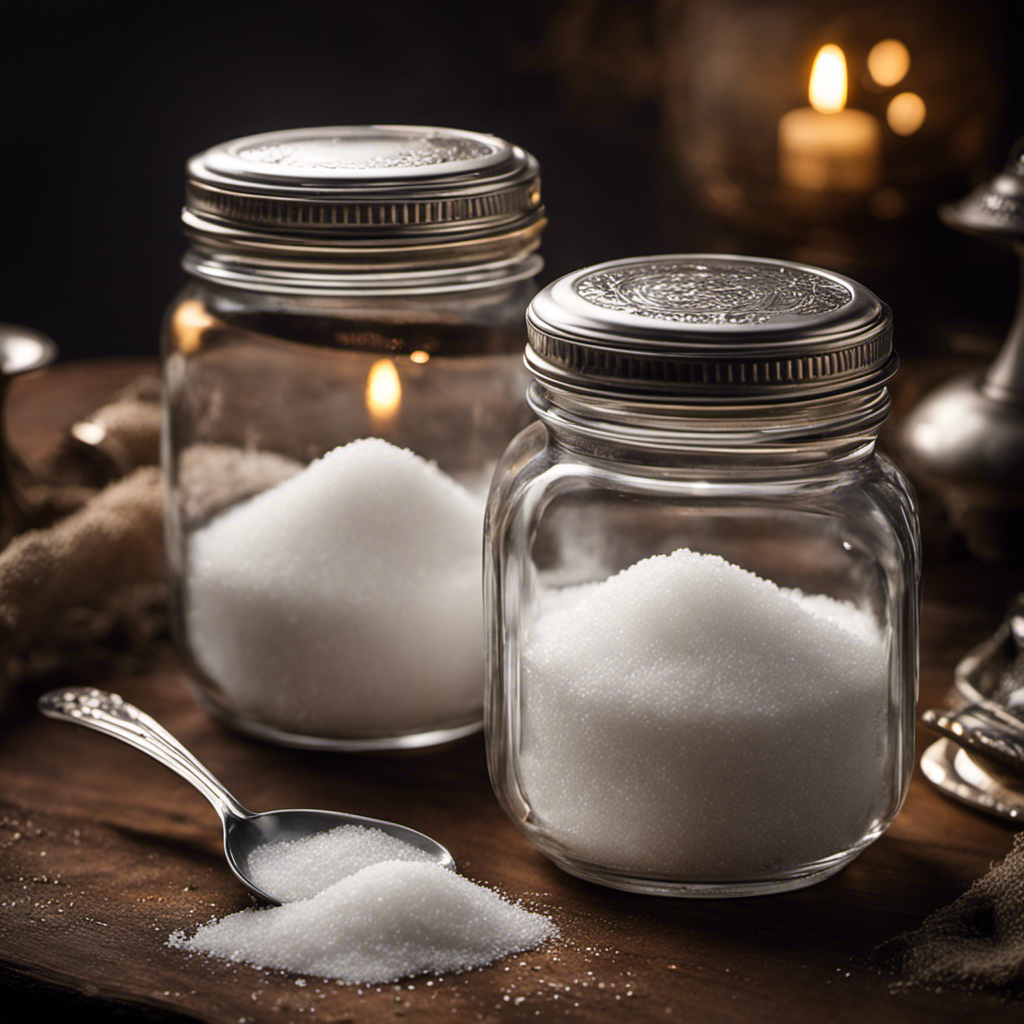 An image depicting a clear glass jar filled with white granulated sugar up to the 30-gram mark, with a set of delicate, vintage silver teaspoons arranged neatly beside it